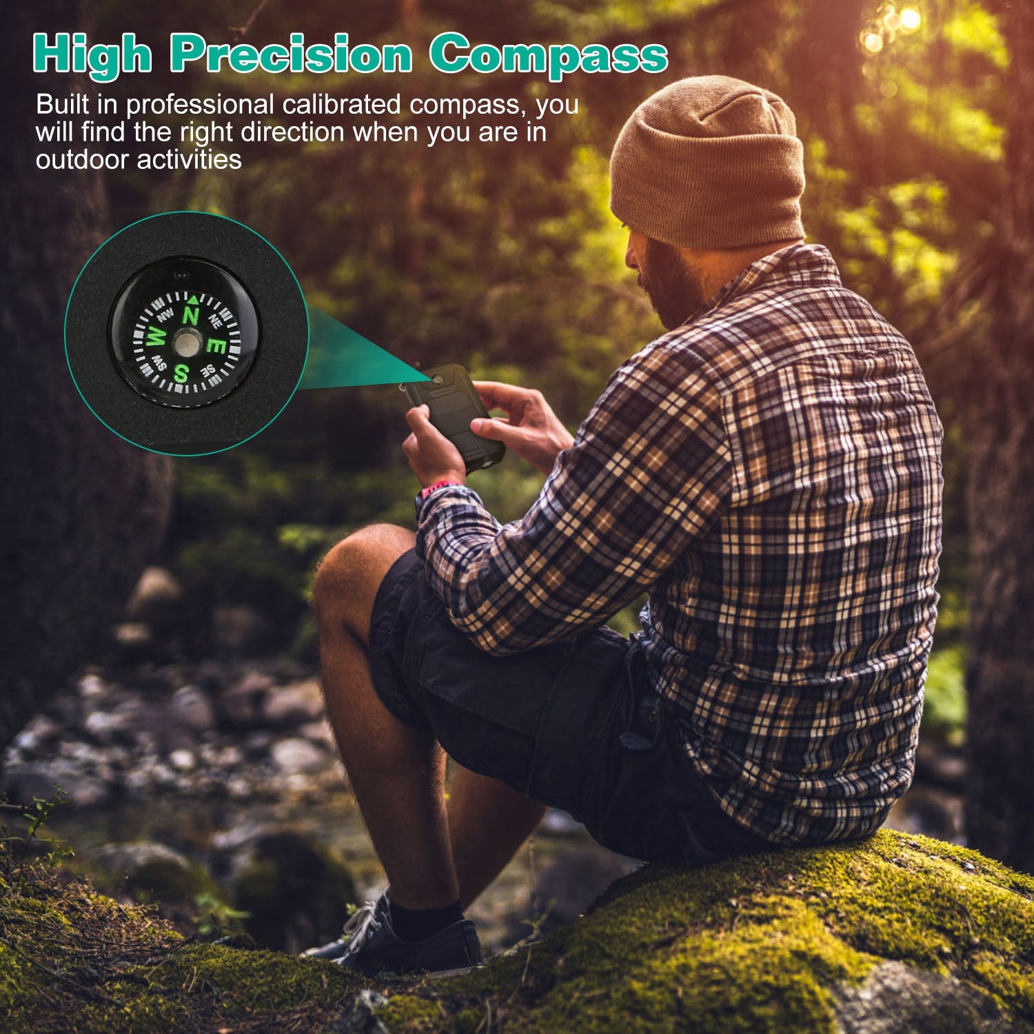 Solar Power Bank Dual USB Outdoor Charger with LED and Compass