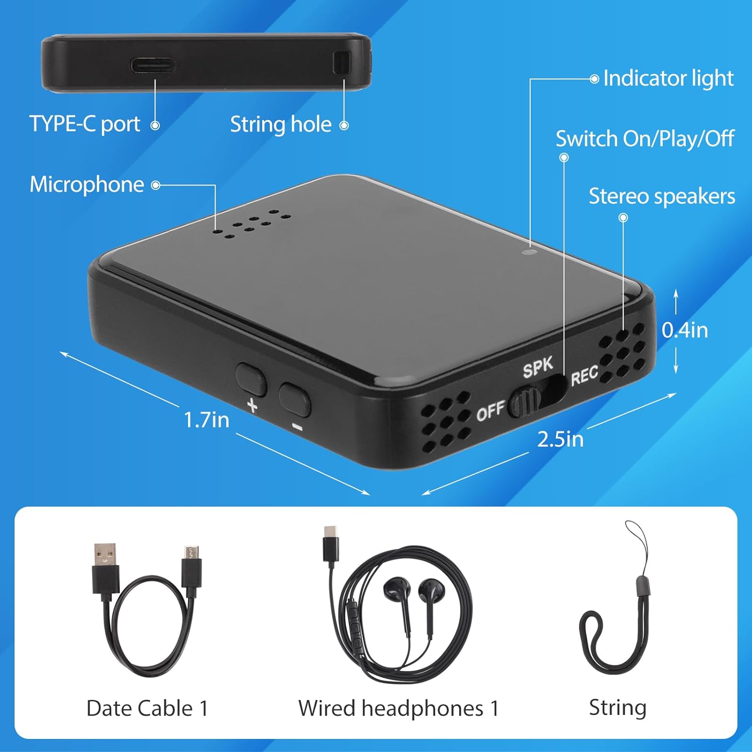Magnetic Voice Recorder with 60H Battery, USB-C Audio Recording Device