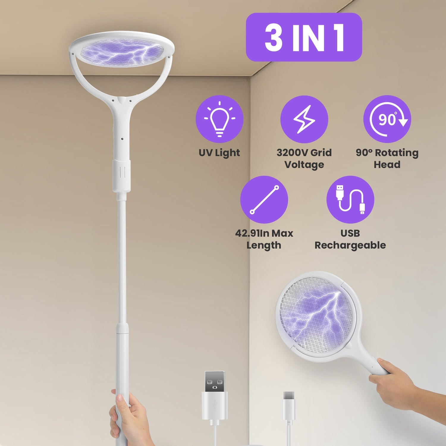 3 in 1 Electric Bug Zapper Racket with Extension Wand