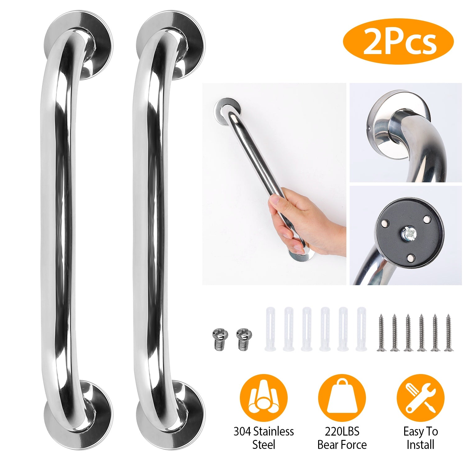 2PCS Stainless Steel Bath Grab Bar 19.7in Safety Handle