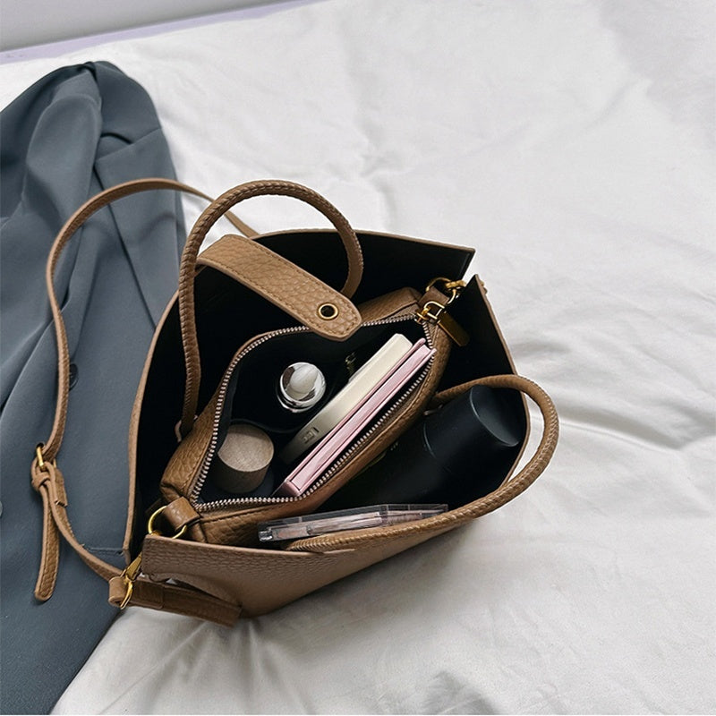 Large Capacity Litchi Pattern Shoulder Bag INS Zipper Bucket Tote Women