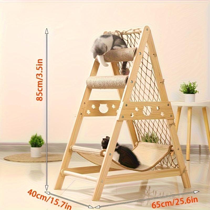 Wooden Multi-Level Cat Tree Tower with Scratching Posts & Climbing Net