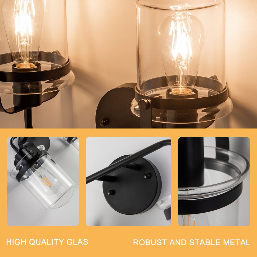 Modern Wall Sconce 2-Light Clear Glass Shade E26 Black Fixture