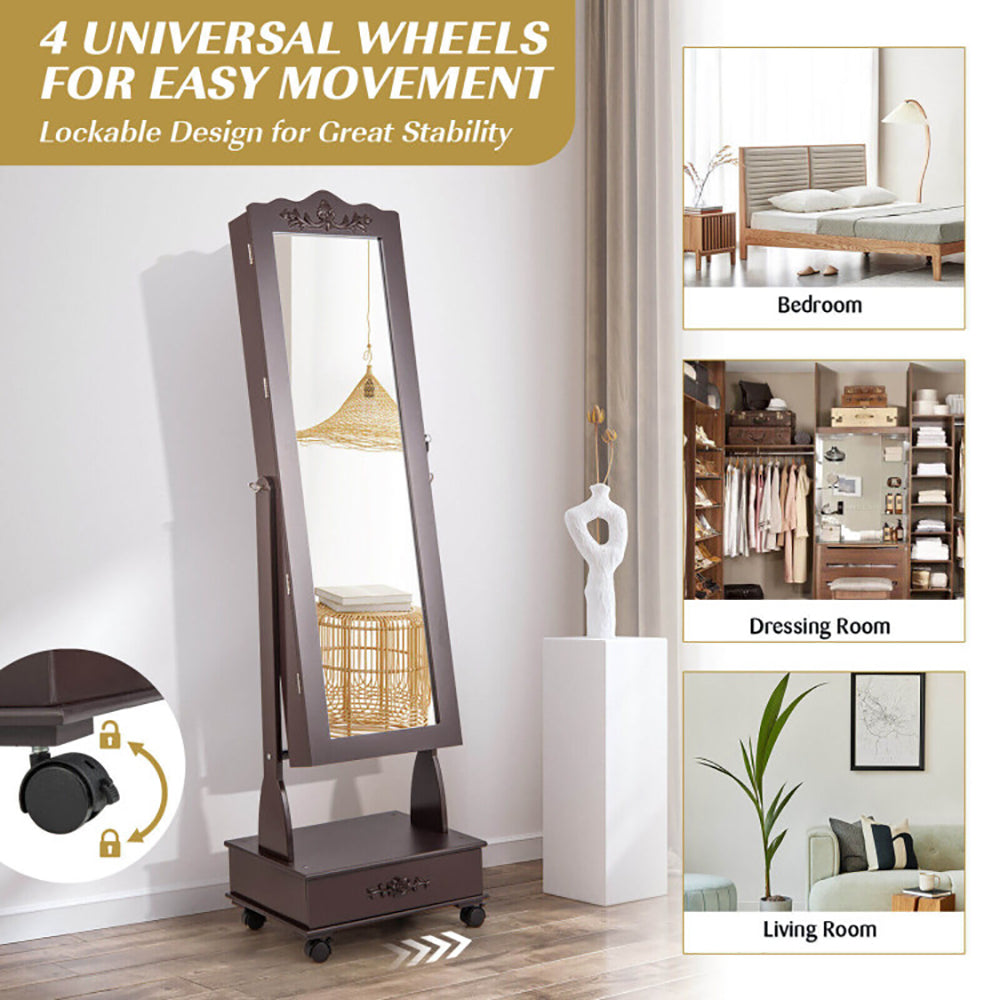Luxury Rolling Mirrored Jewelry Armoire with Lock & LED Lights