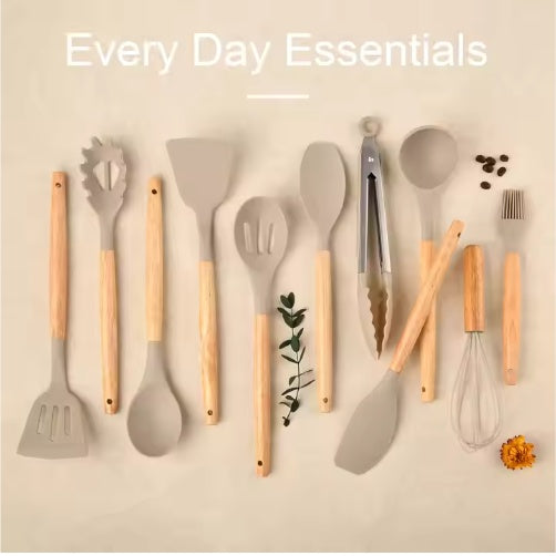 12PCS Non-Stick Silicone Kitchen Utensils Set with Wooden Handles