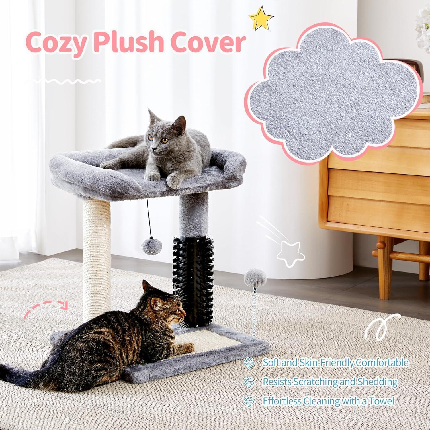 Premium 4 in 1 Cat Tree Tower with Grooming Brush and Scratcher