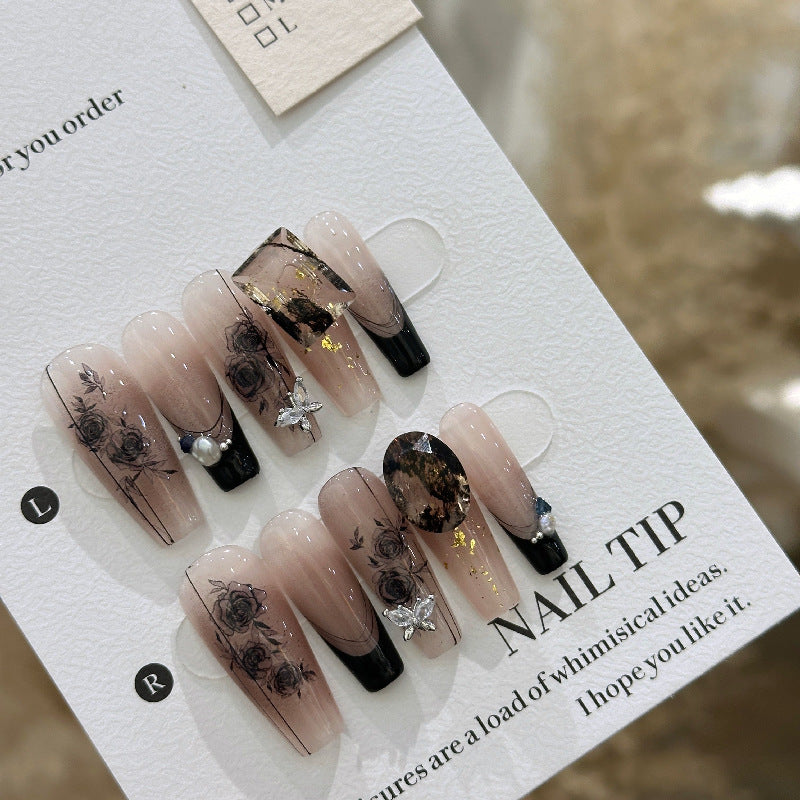 Handmade Long Camellia Girl Press On Nail Tips