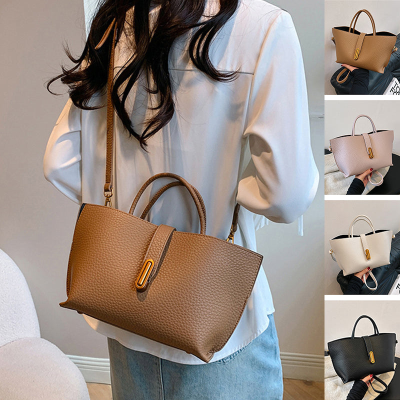 Large Capacity Litchi Pattern Shoulder Bag INS Zipper Bucket Tote Women