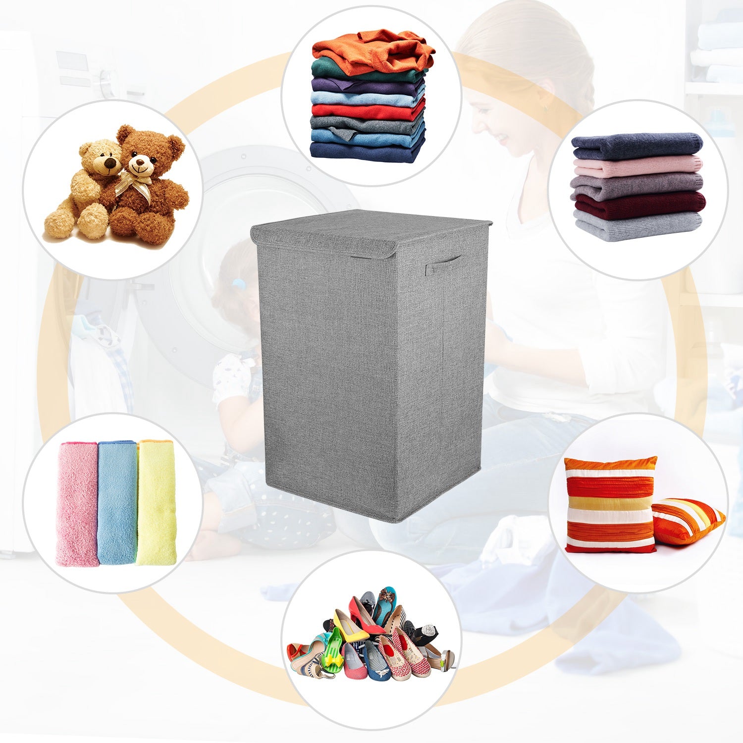 Foldable Laundry Hamper with Lid and Handles Storage Organizer