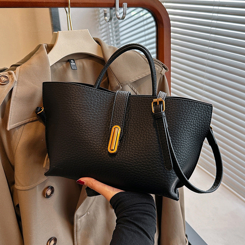 Large Capacity Litchi Pattern Shoulder Bag INS Zipper Bucket Tote Women