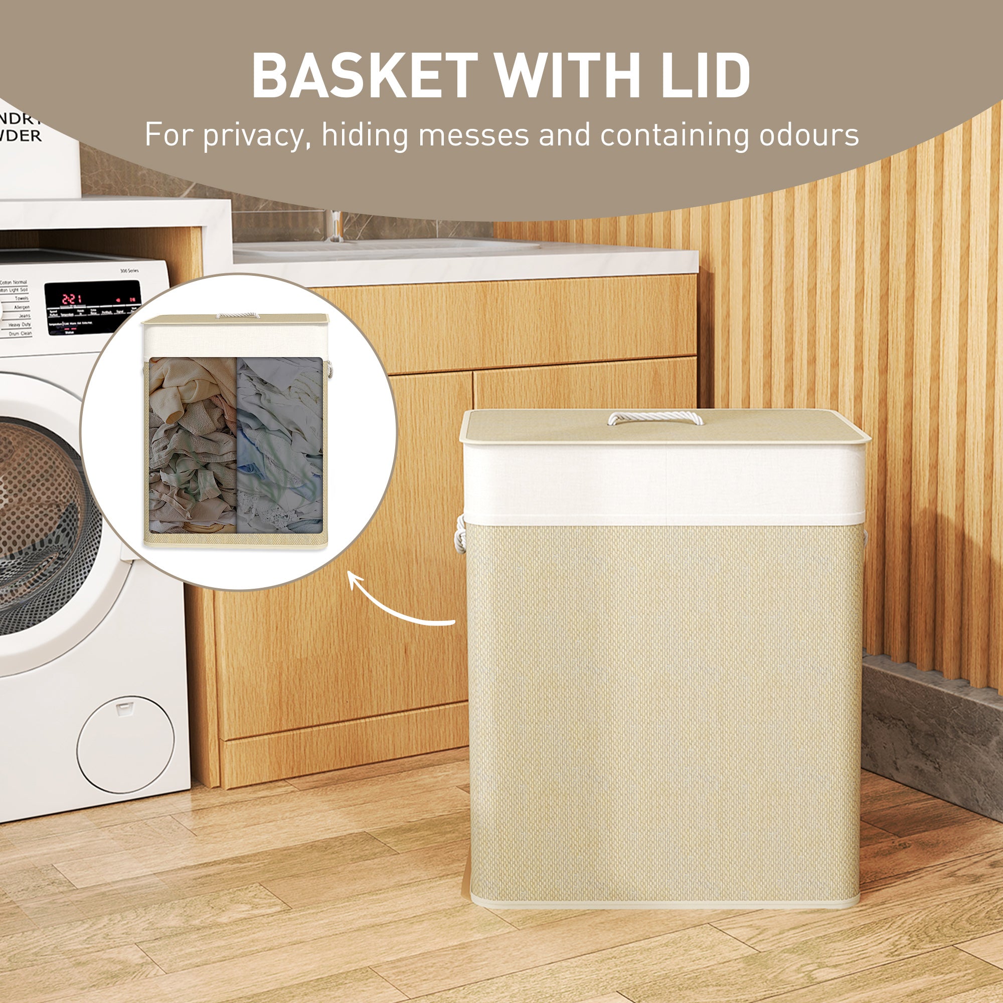 Bamboo Double Laundry Hamper with Lid & Removable Liners