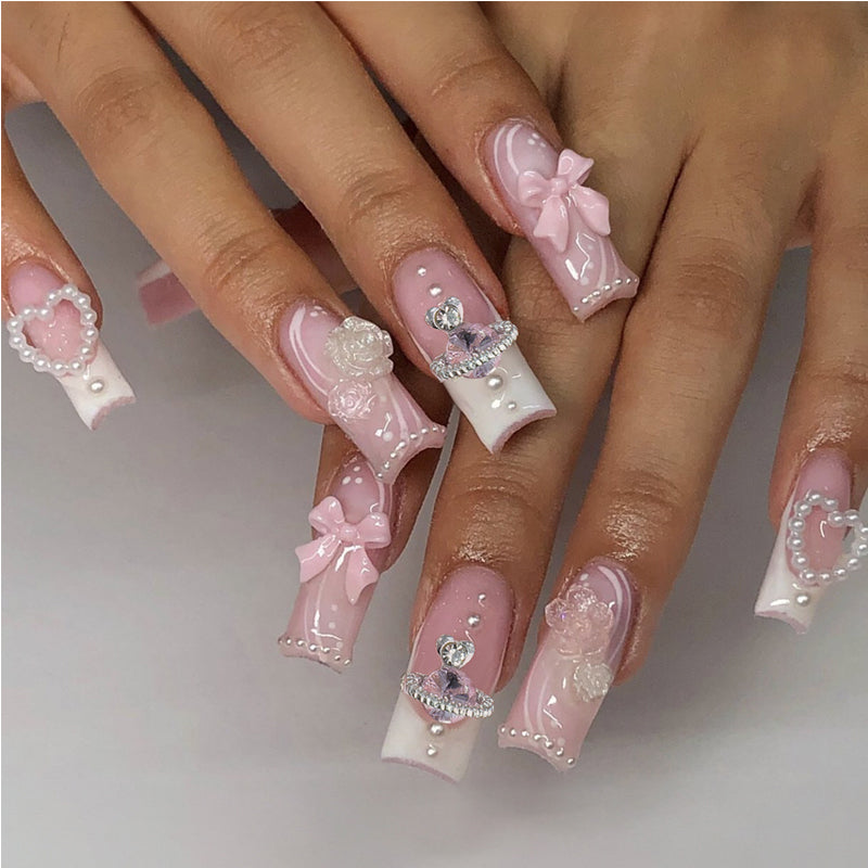 24 PCS Planet Pearl Flower Long Fake Nails