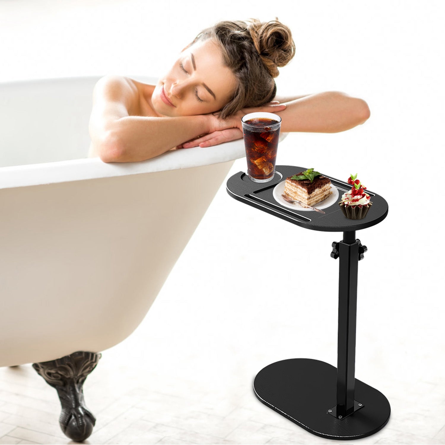 C-Shaped Bathtub Tray Table Adjustable Bamboo Bath Caddy