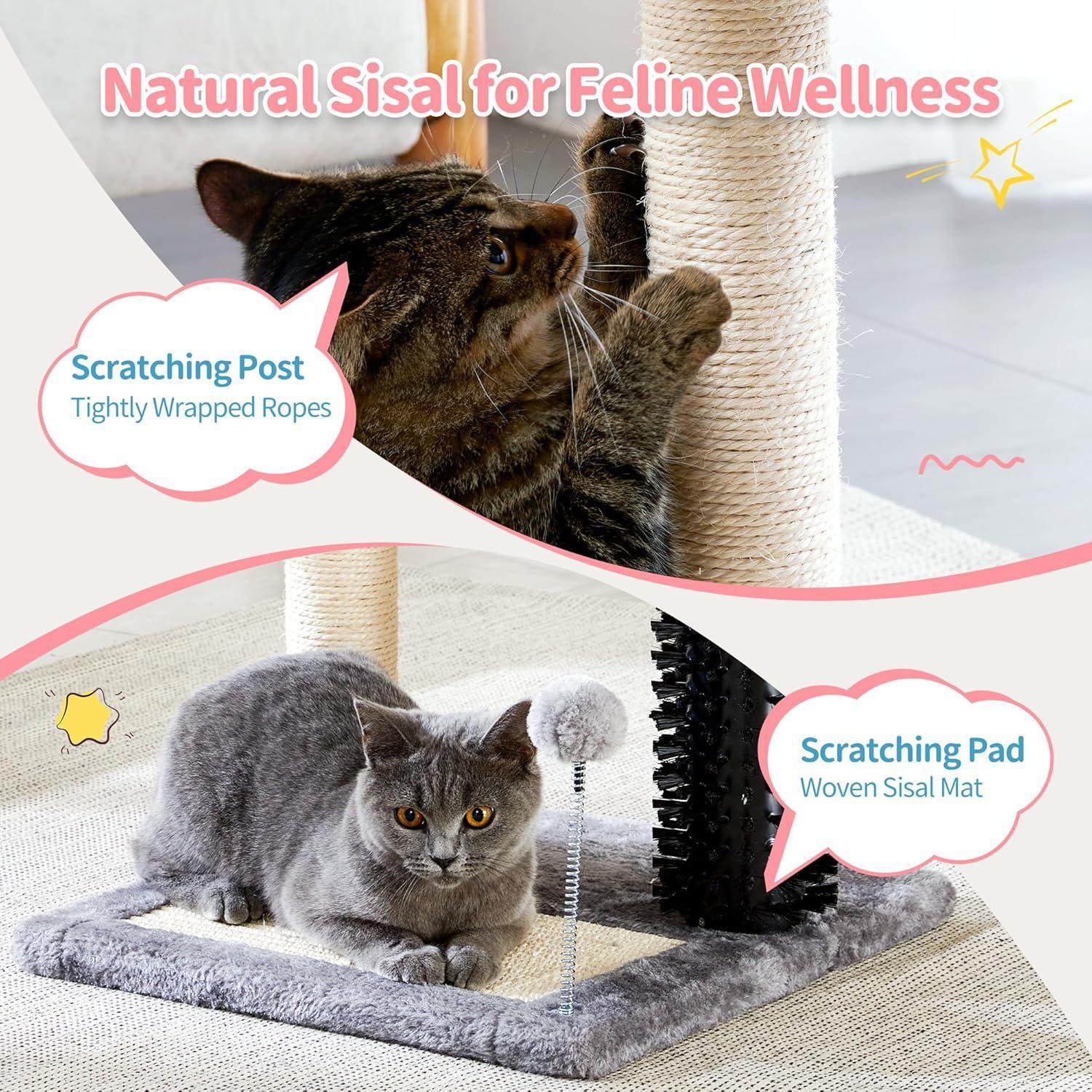 Premium 4 in 1 Cat Tree Tower with Grooming Brush and Scratcher