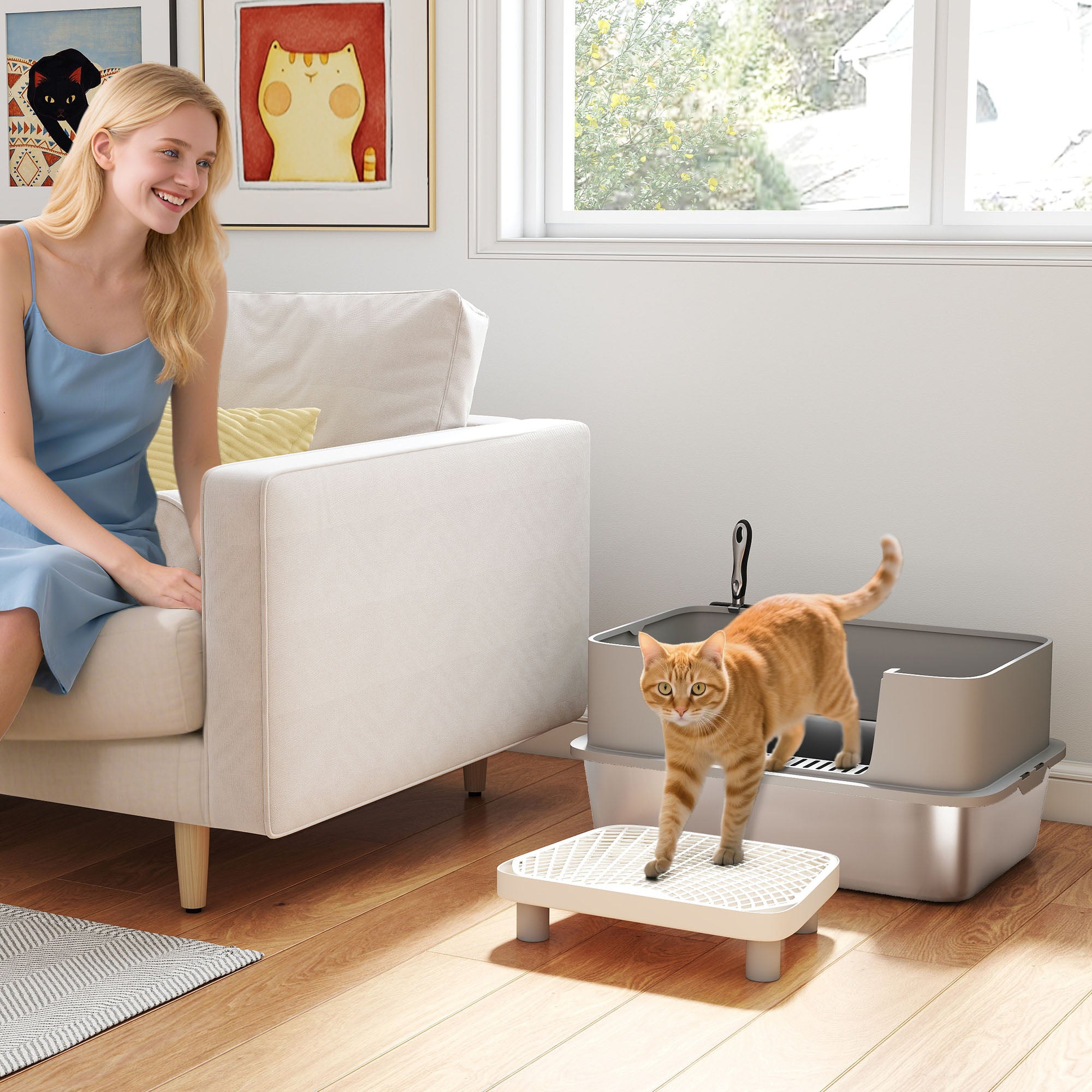 Premium Stainless Steel Cat Litter Box High Sides with Scoop