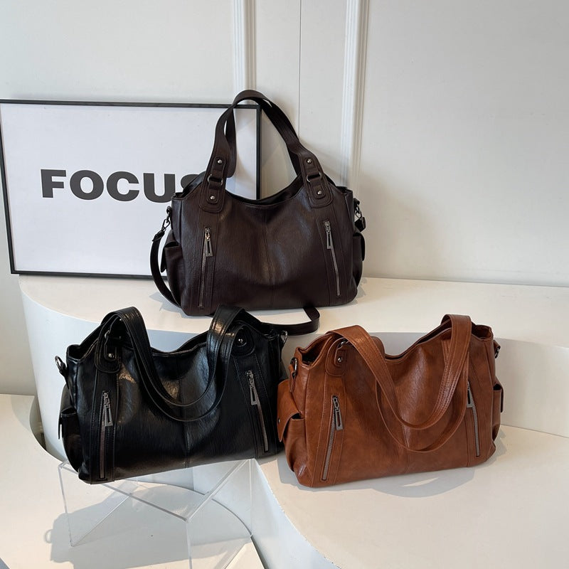 Elegant Retro Handbag Solid Color Textured American Shoulder Bag