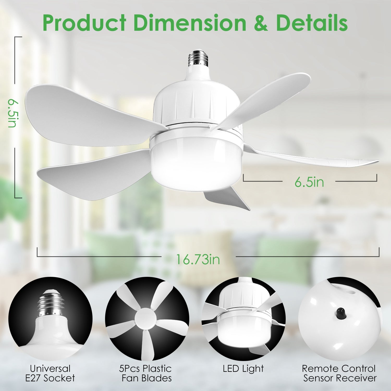 Socket Fan Light E27 Ceiling Fan LED Dimmable Remote Timer