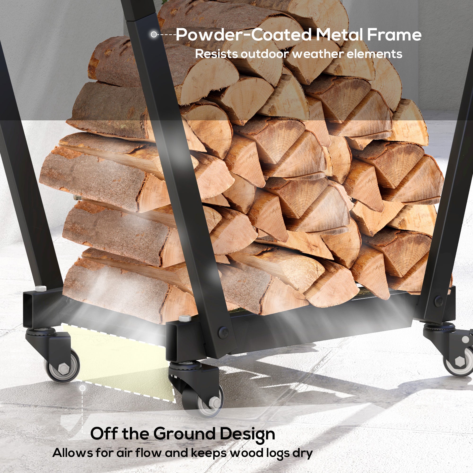Firewood Rack with Wheels Metal Log Holder with Hooks