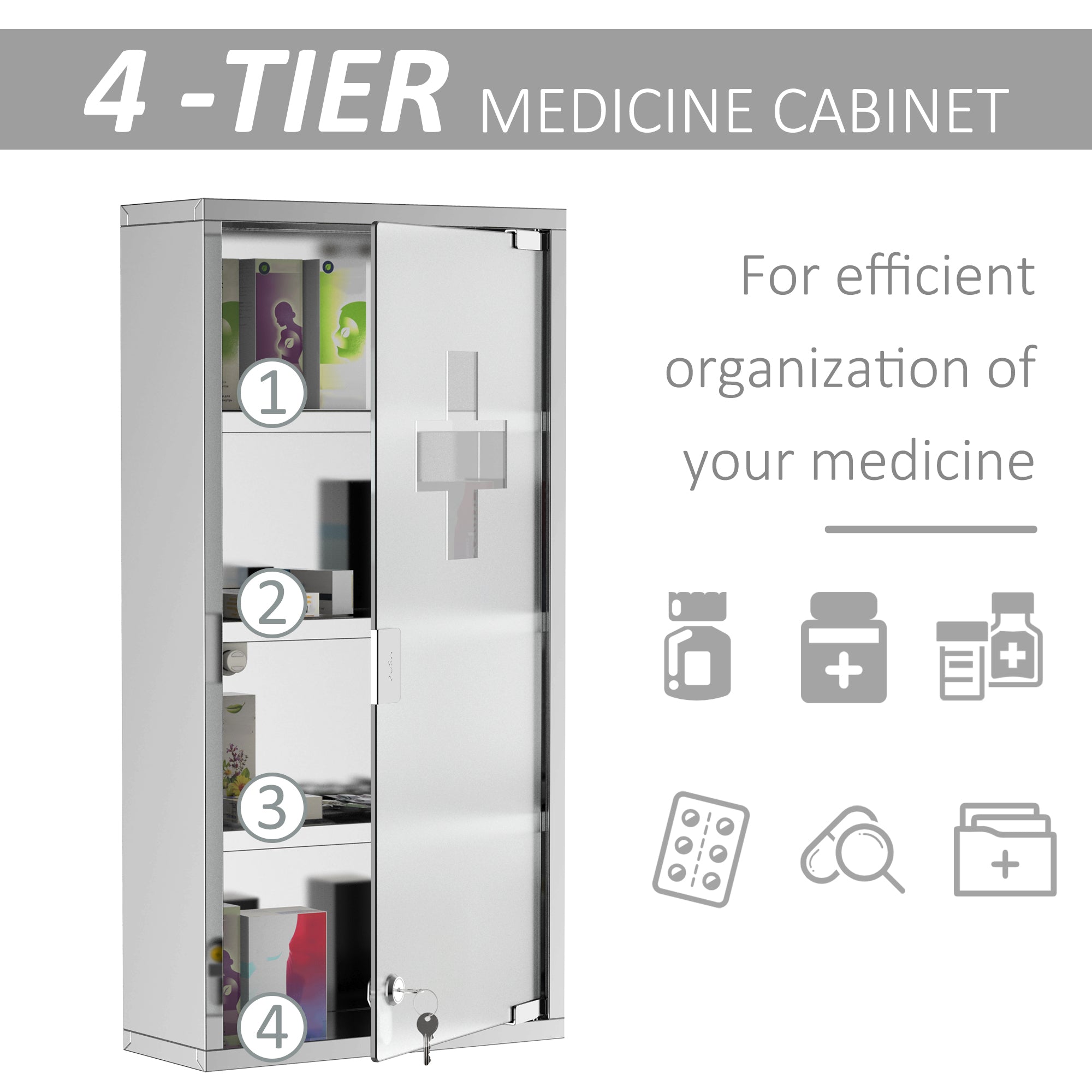 Premium Lockable Stainless Steel Medicine Cabinet 4 Tier Wall Storage Box