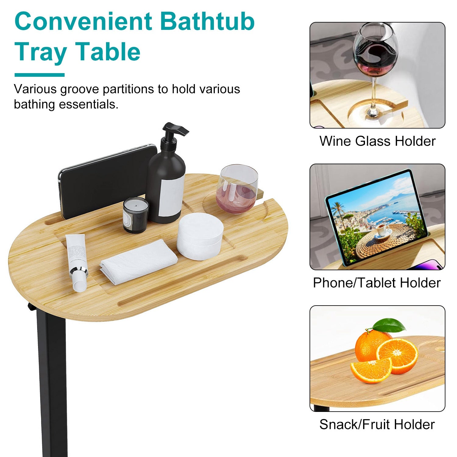 C-Shaped Bathtub Tray Table Adjustable Bamboo Bath Caddy