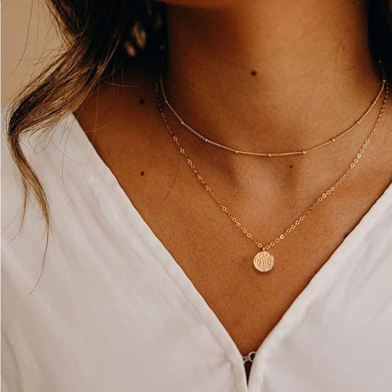 Luxury Gold Layered Choker Necklace Bar Coin Pendant Set