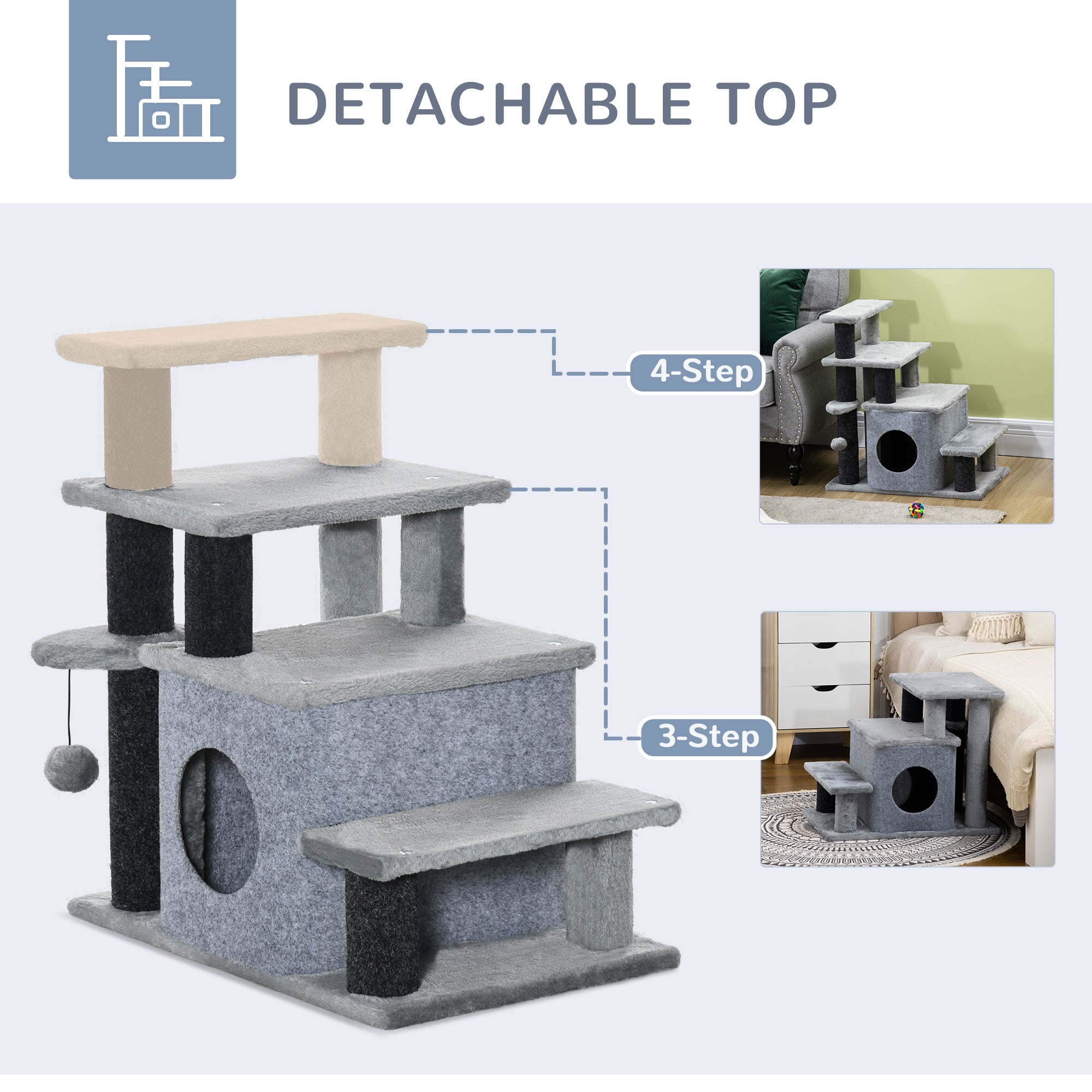 Adjustable Cat Stairs with Scratching Post & Condo – 3-Step/4-Step Pet Steps for Bed & Sofa