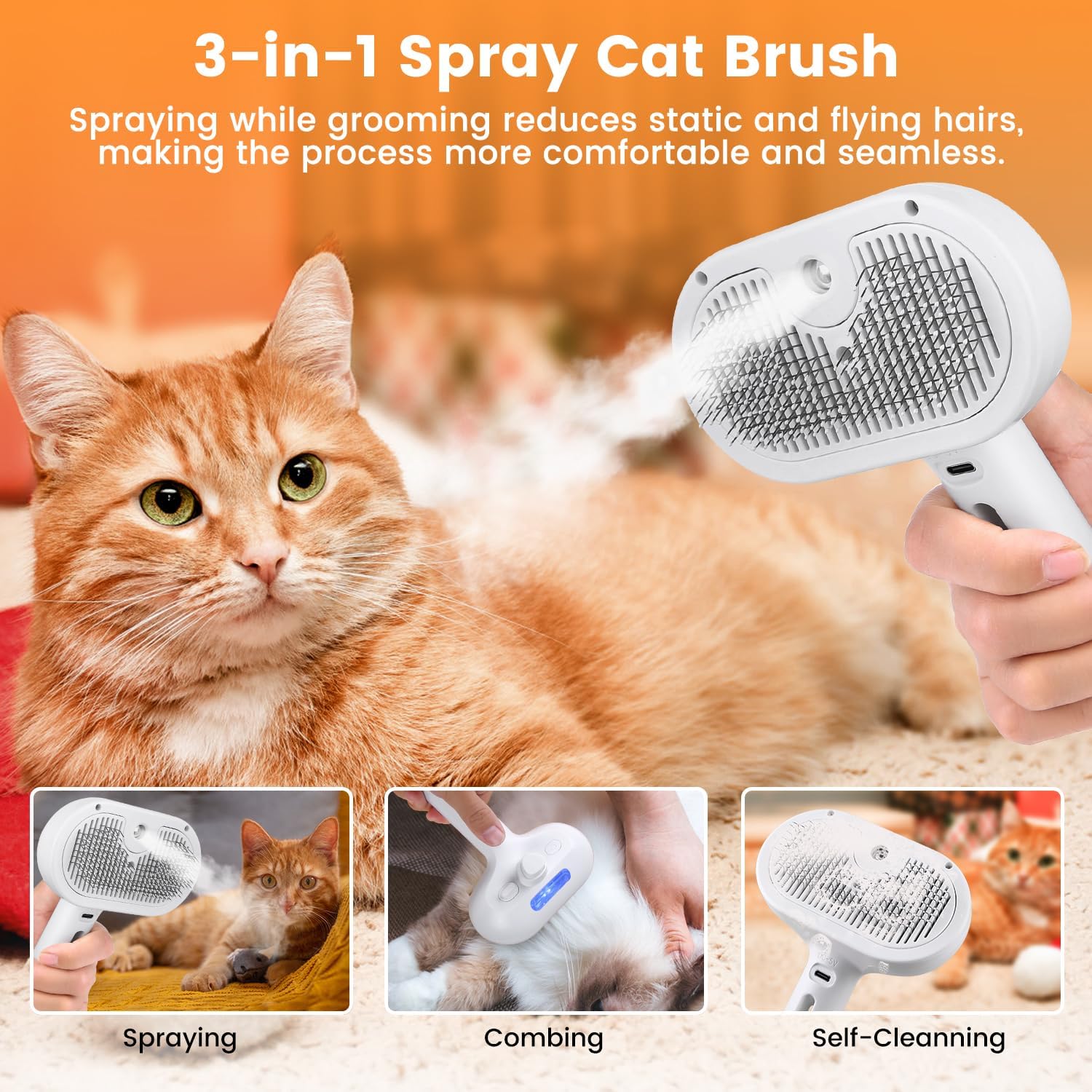 Premium 3in1 Pet Steam Brush Spray Grooming Hair Removal Tool