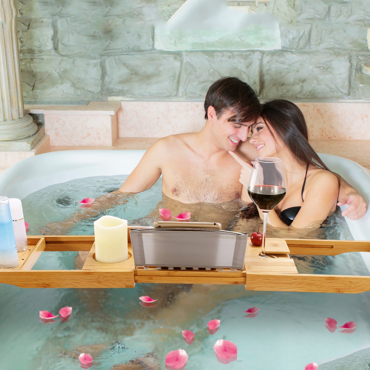 Extendable Bamboo Bathtub Caddy Tray with Phone Wine Holder Rack