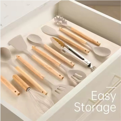 12PCS Non-Stick Silicone Kitchen Utensils Set with Wooden Handles