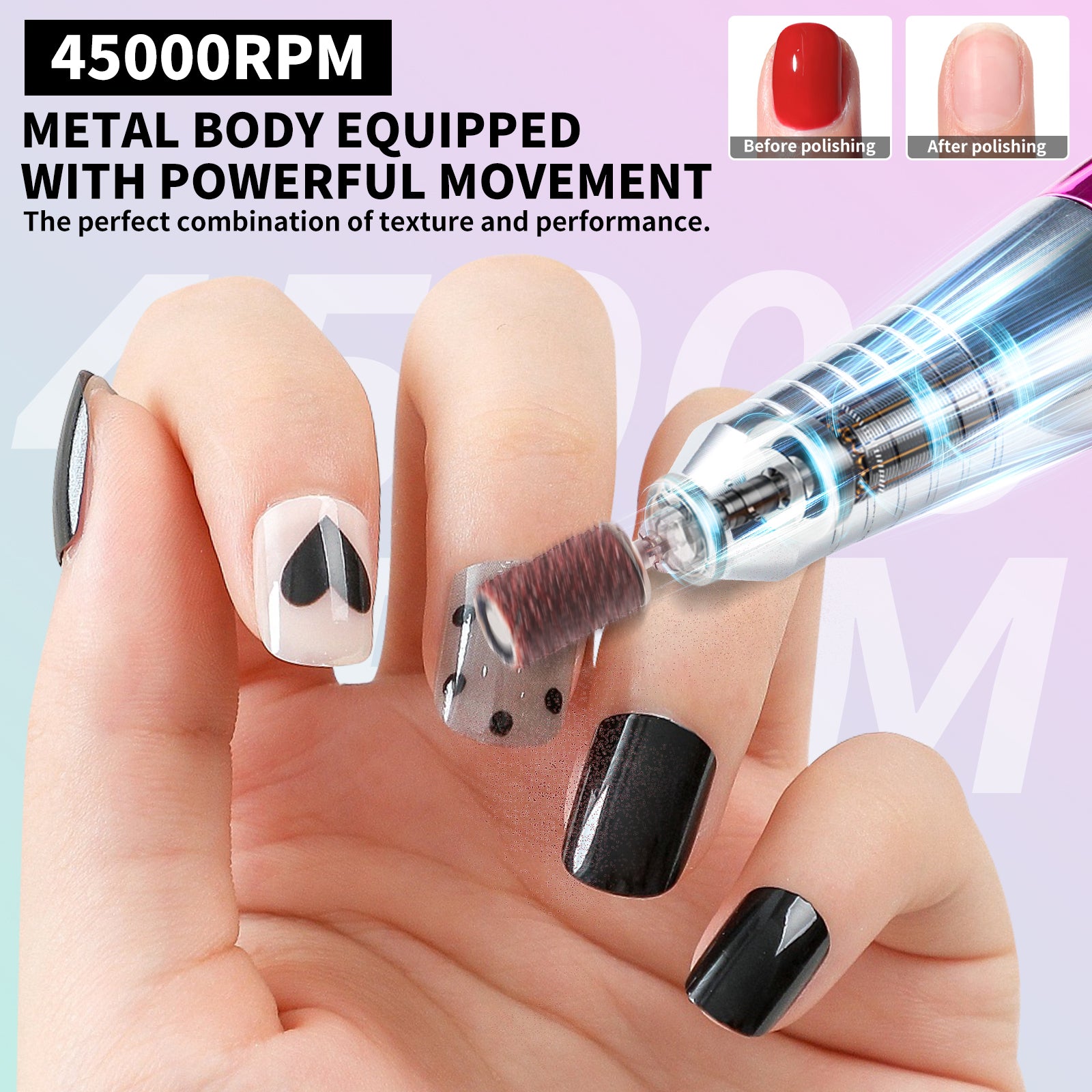 45000RPM Cordless Electric Nail Drill with 12 Bits and LCD Display