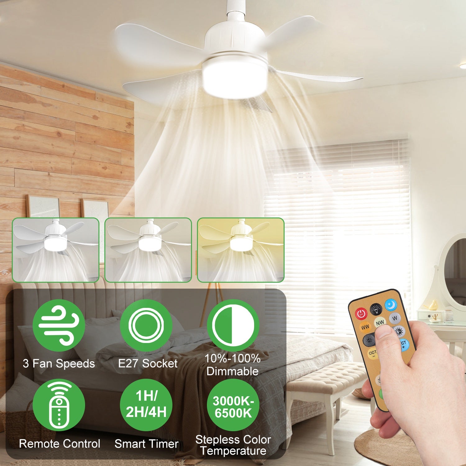 Socket Fan Light E27 Ceiling Fan LED Dimmable Remote Timer