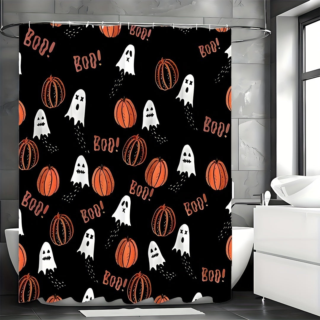 1PCS Halloween Cartoon Pumpkin Flower Print Shower Curtains Set, Waterproof Shower Curtain With Hooks, Bathroom Decor, Shower Curtain Sets For Bathrooms
