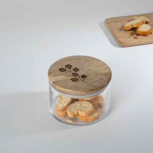 700ml Leafy Twig Glass Jar with Wooden Lid Storage Container