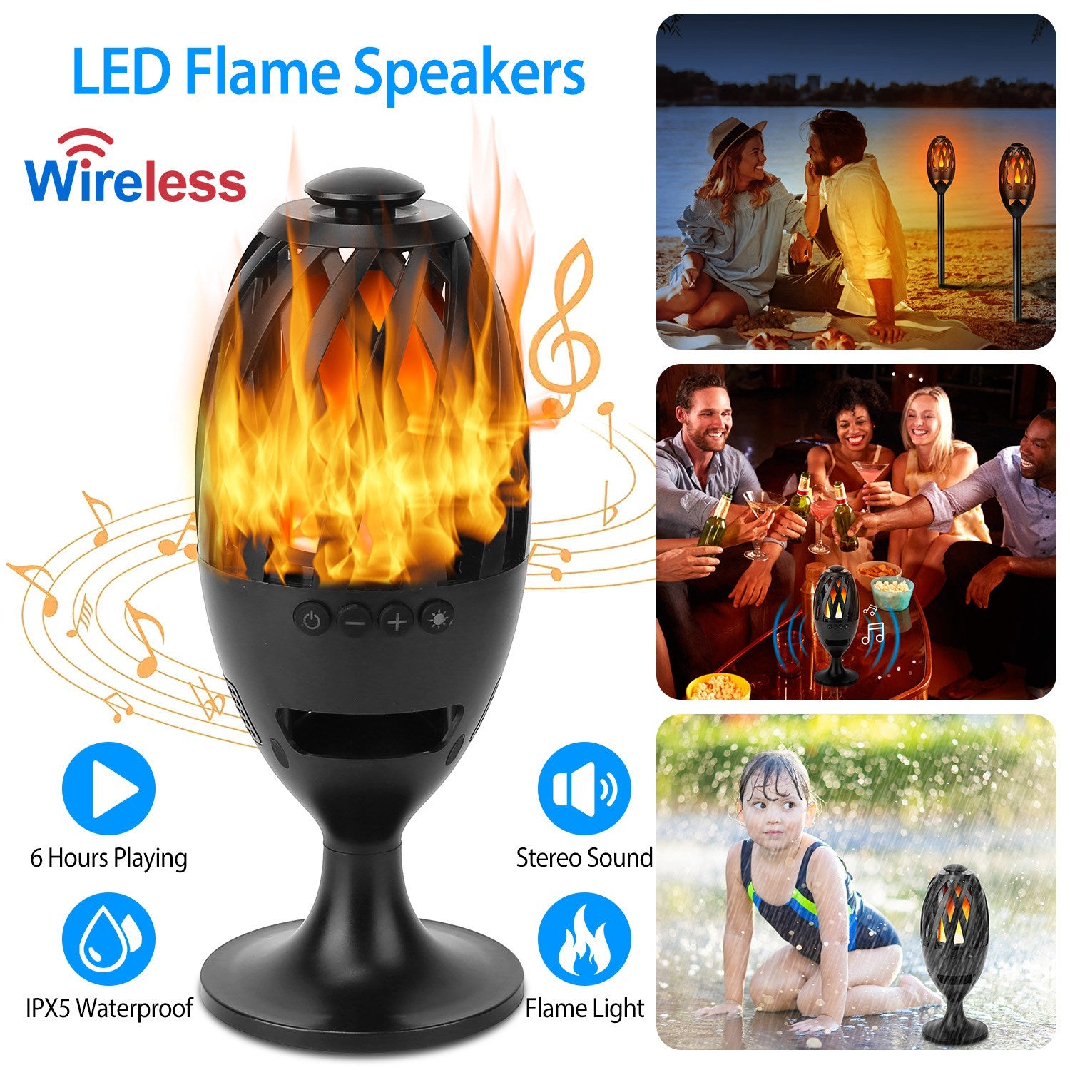 LED Flame Bluetooth Speaker Waterproof Outdoor Torch Light Bass