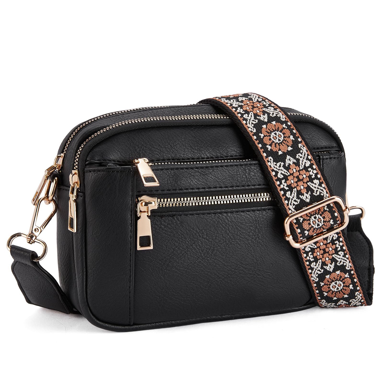 Triple Zipper Shoulder Bag Colorblock Crossbody with Floral Strap for Women