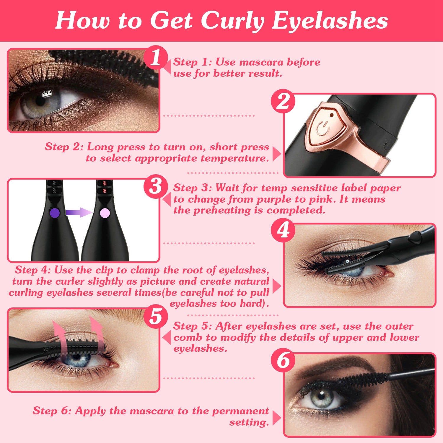 Heated Eyelash Curler with Comb 3 Temp Settings USB Rechargeable
