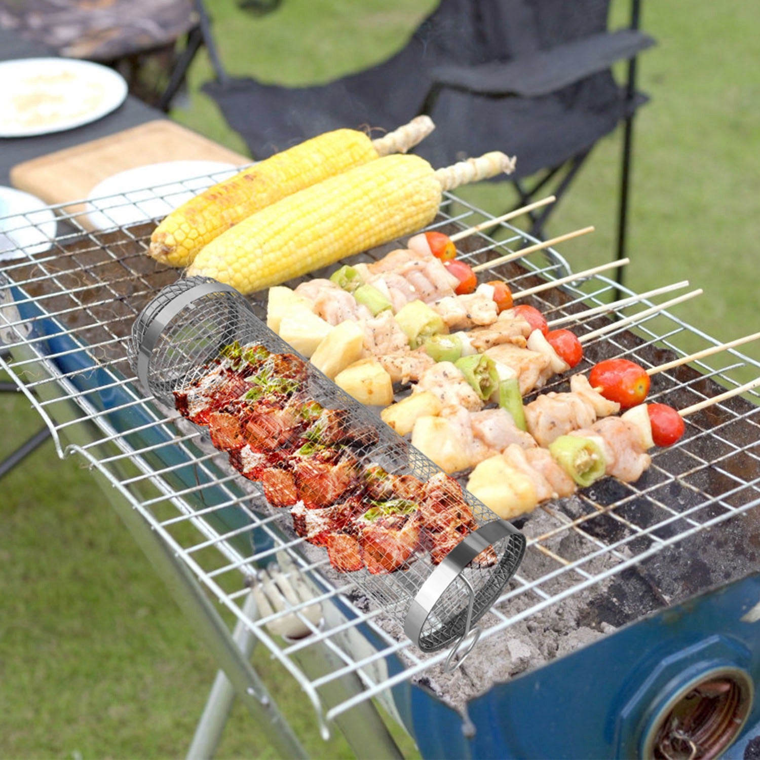 2Pcs Stainless Steel BBQ Rolling Grill Basket