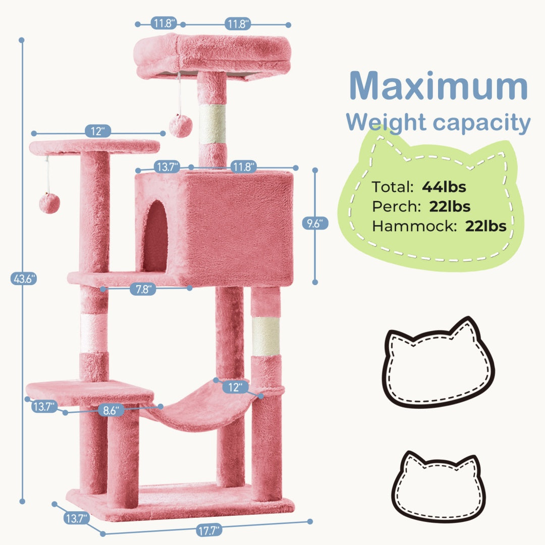44-Inch Multi-Level Cat Tree Tower with Hammock & Sisal Scratching Posts