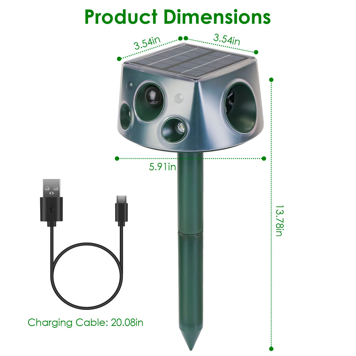 Solar-Powered & Type-C Rechargeable Animal Repellent with Ultrasonic Modes