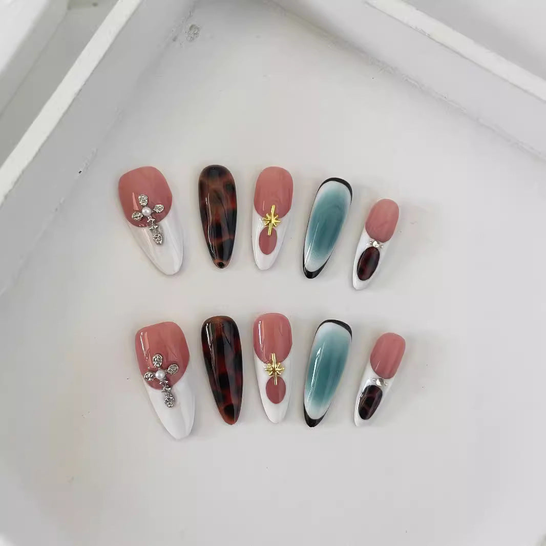 Autumn Winter Blooming Hand Painted Maillard White Long Handmade Nails