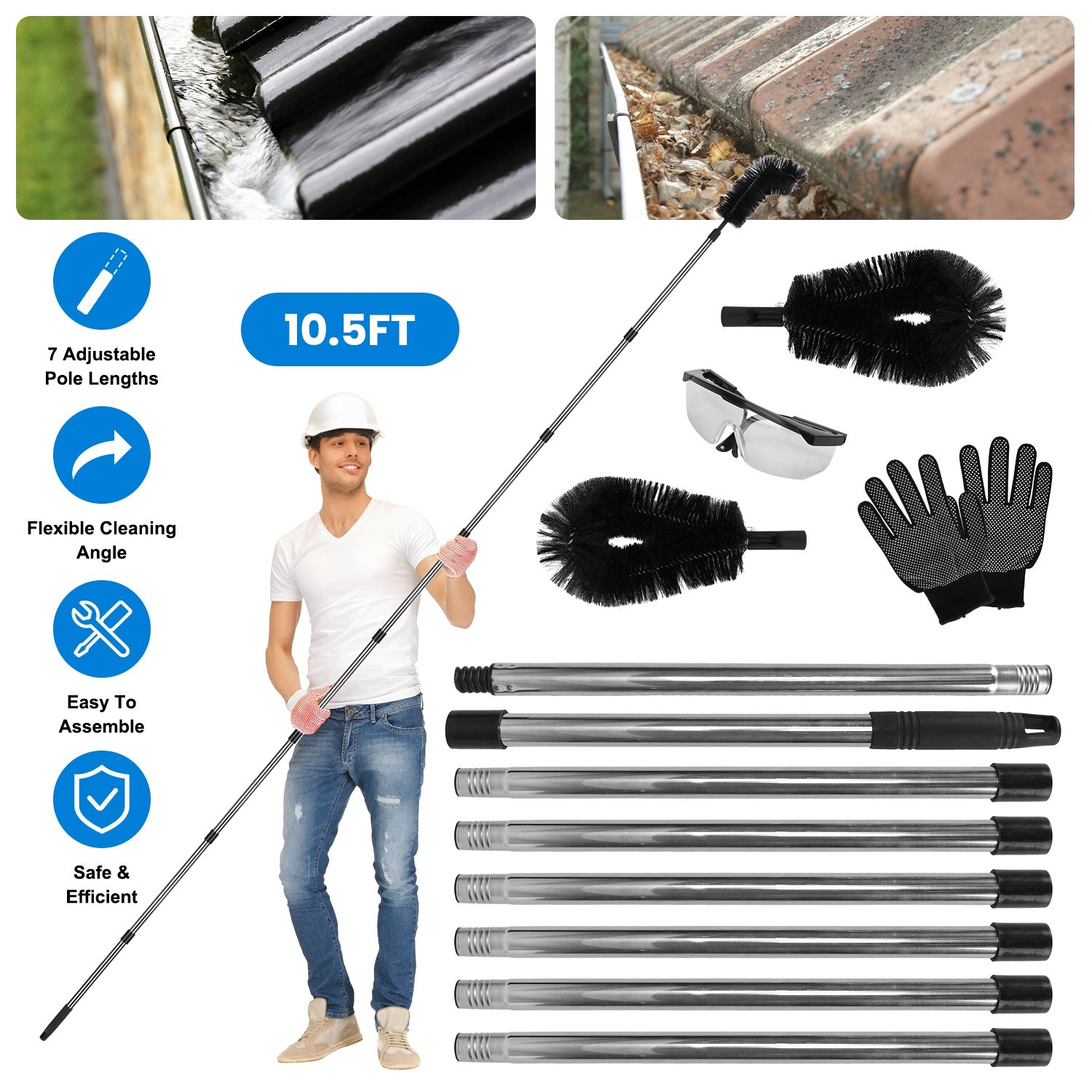 Powerful Gutter Cleaning Tool Extendable Brush Telescopic Pole