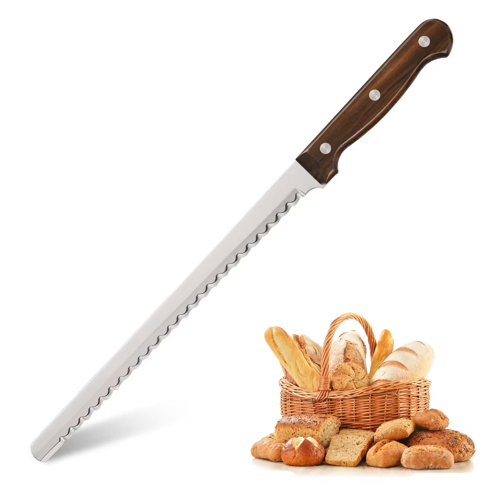 10-Inch Carbon Steel Bread Knife Wooden Handle Serrated Kitchen Tool