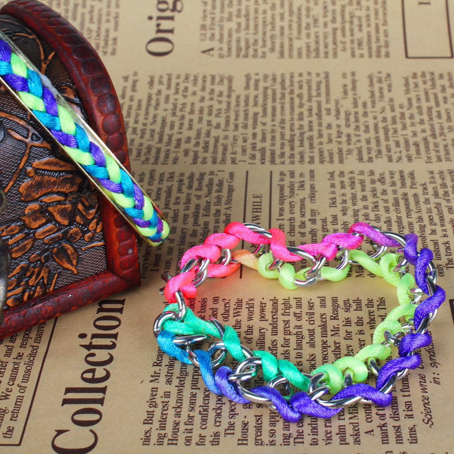 Trendy Colorful Woven Bracelet Set Burnished Gold Stack