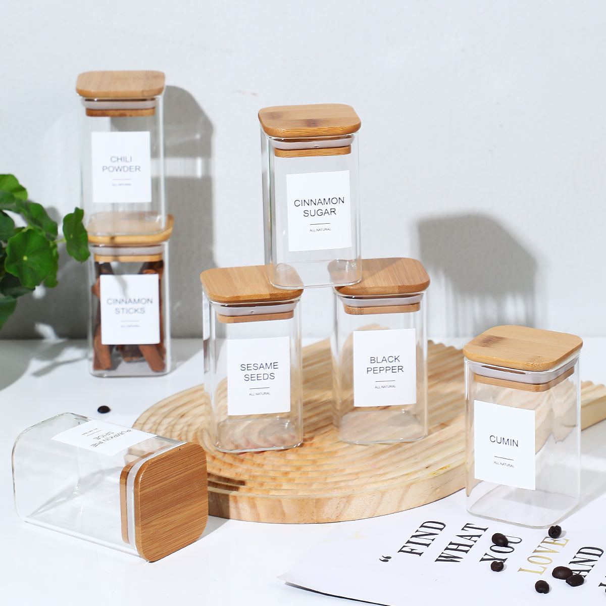 12Pcs Square Spice Jars Set with 72 Labels for Kitchen