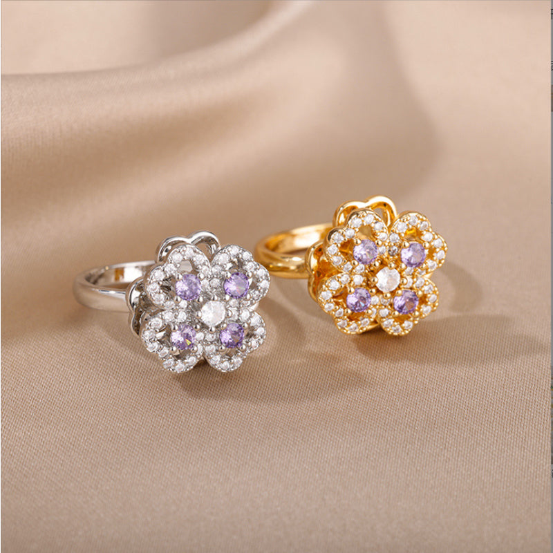Luxury Golden Clover Rotating Ring – Zircon Adjustable Band