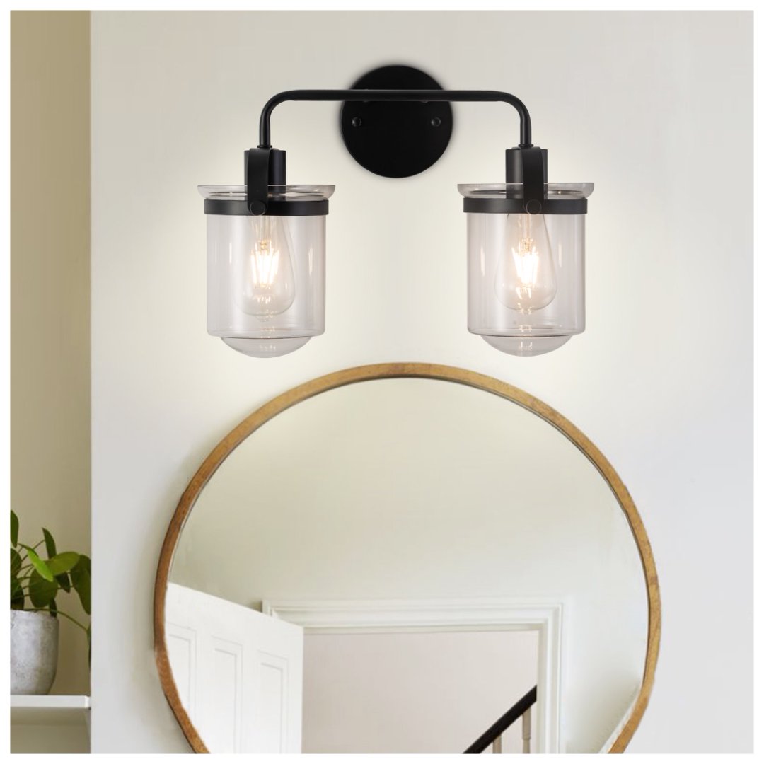 Modern Wall Sconce 2-Light Clear Glass Shade E26 Black Fixture