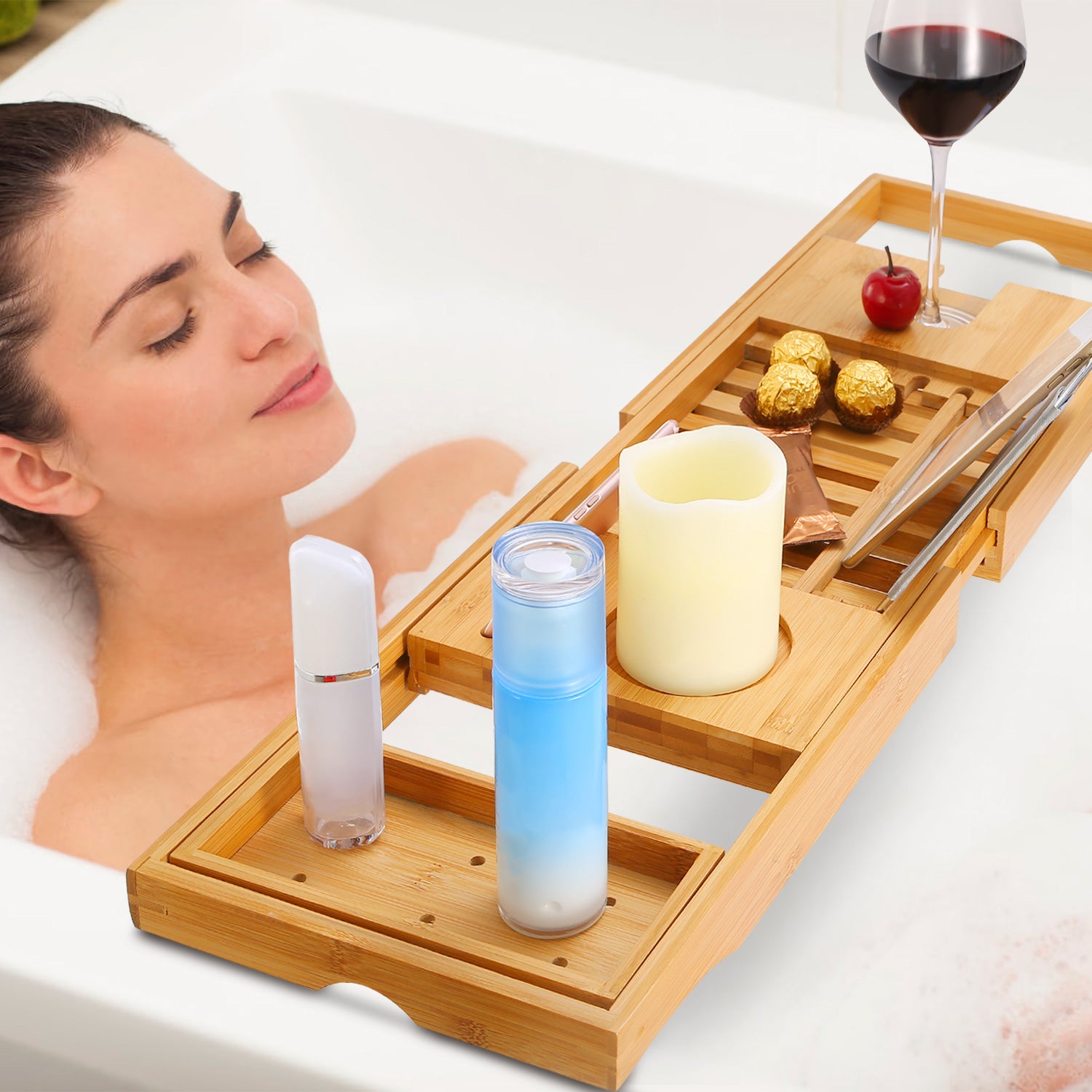 Extendable Bamboo Bathtub Caddy Tray with Phone Wine Holder Rack