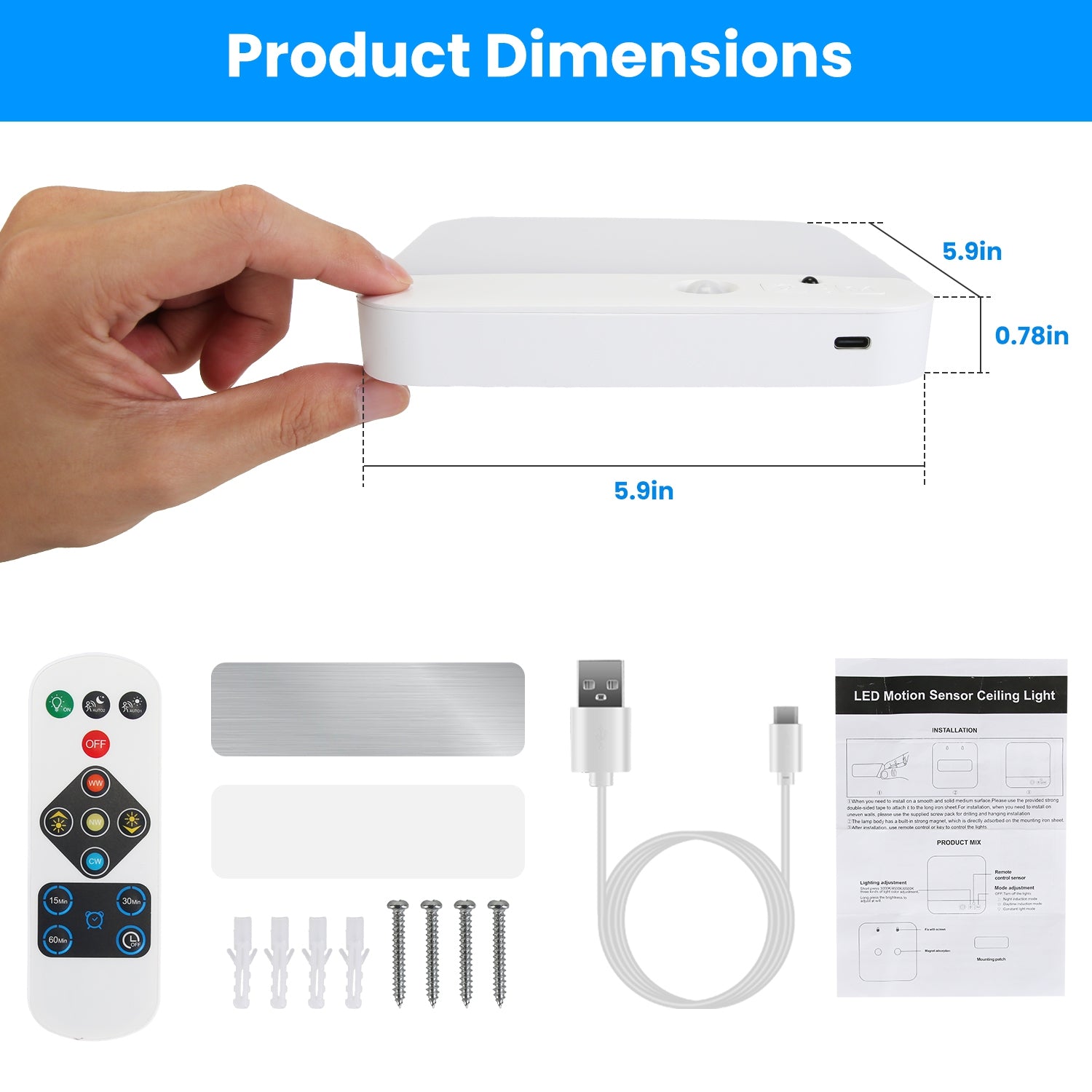 Motion Sensor Ceiling Light Rechargeable Remote Dimmable LED