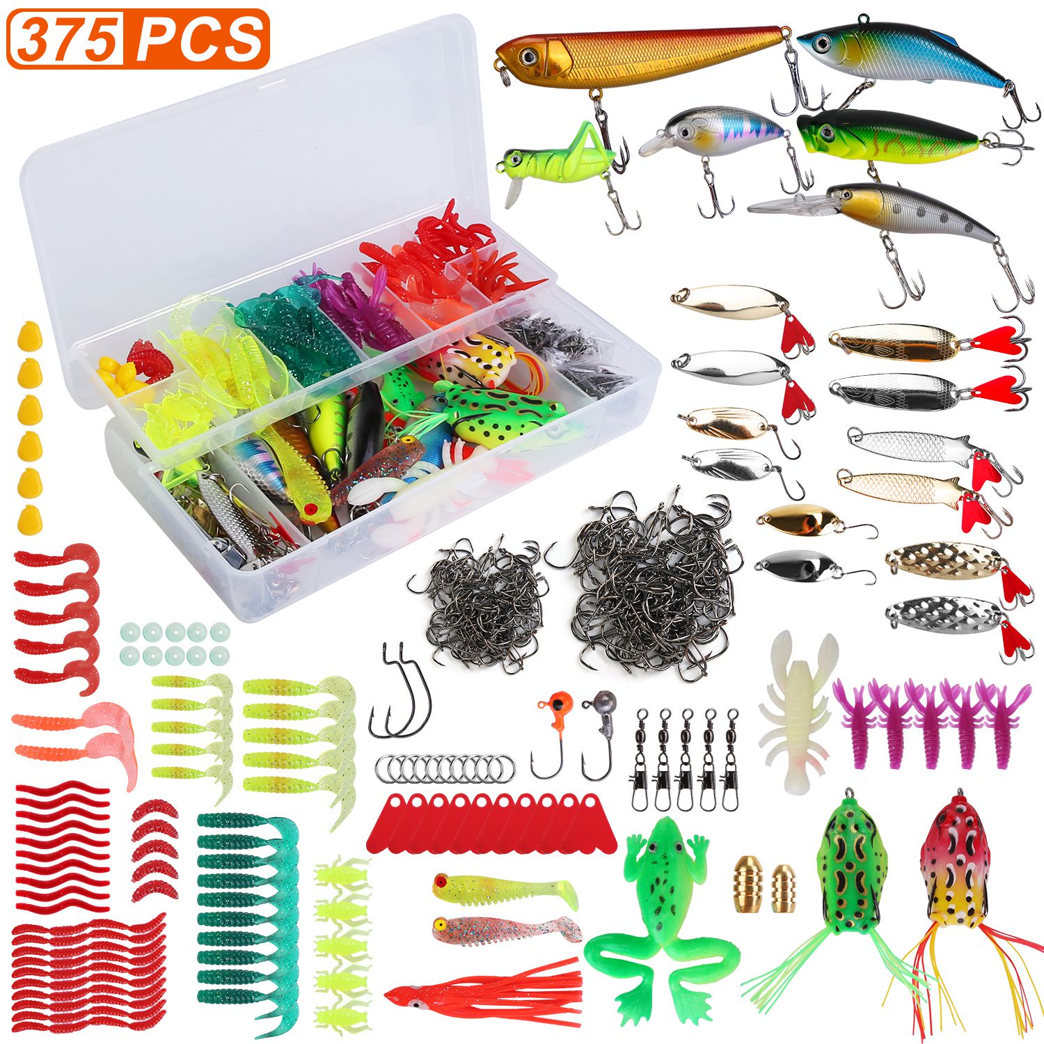 375pcs Fishing Lures Kit with Tackle Box for Freshwater & Saltwater