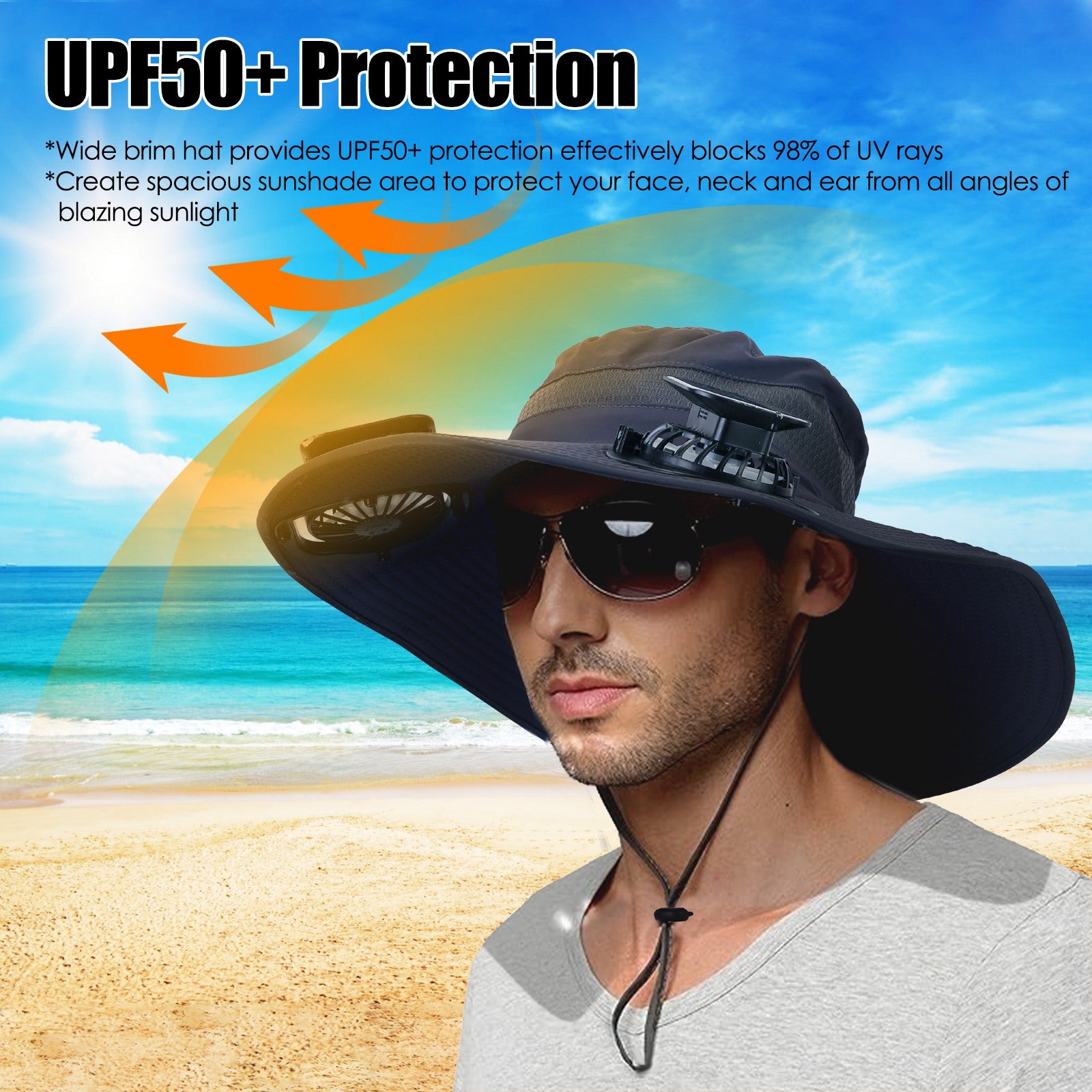 Outdoor Wide Brim Sun Hat with Solar Fans UPF50 Cooling Hat